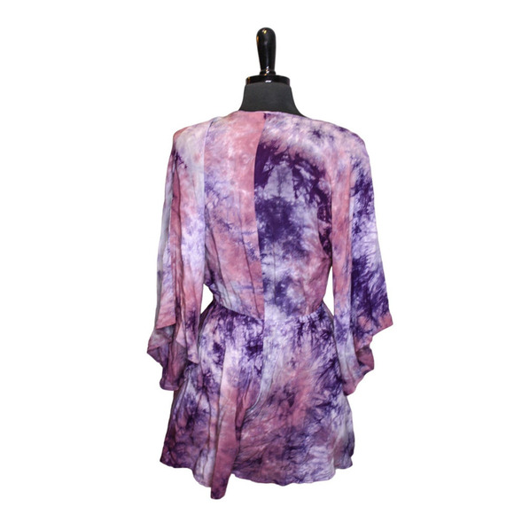 Lovestitch Romper Tie Dye Print Purple Deep V Neck Kimono Sleeve S - Picture 2 of 4